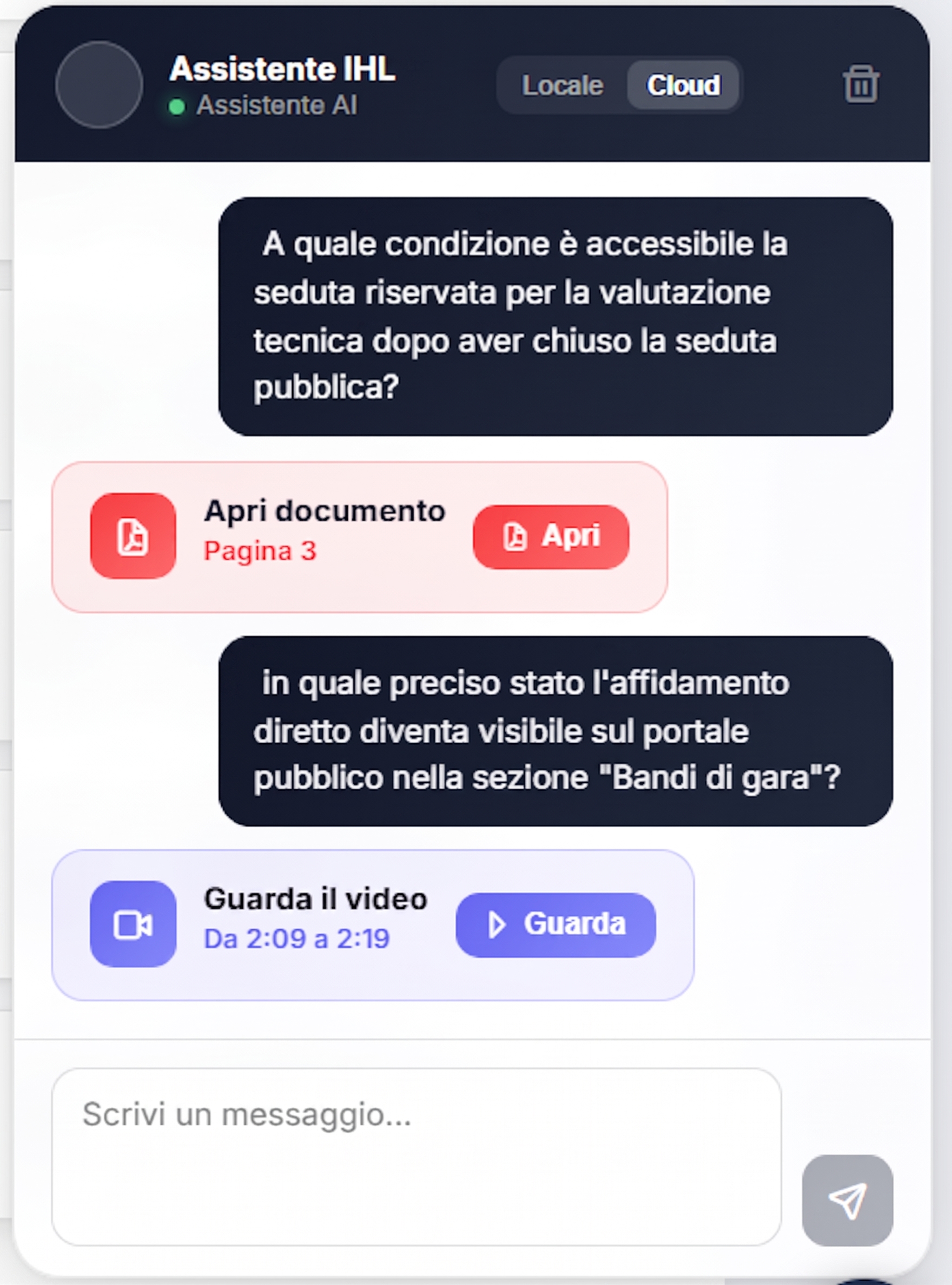 Assistente iHubLearning — chat con documenti e video collegati